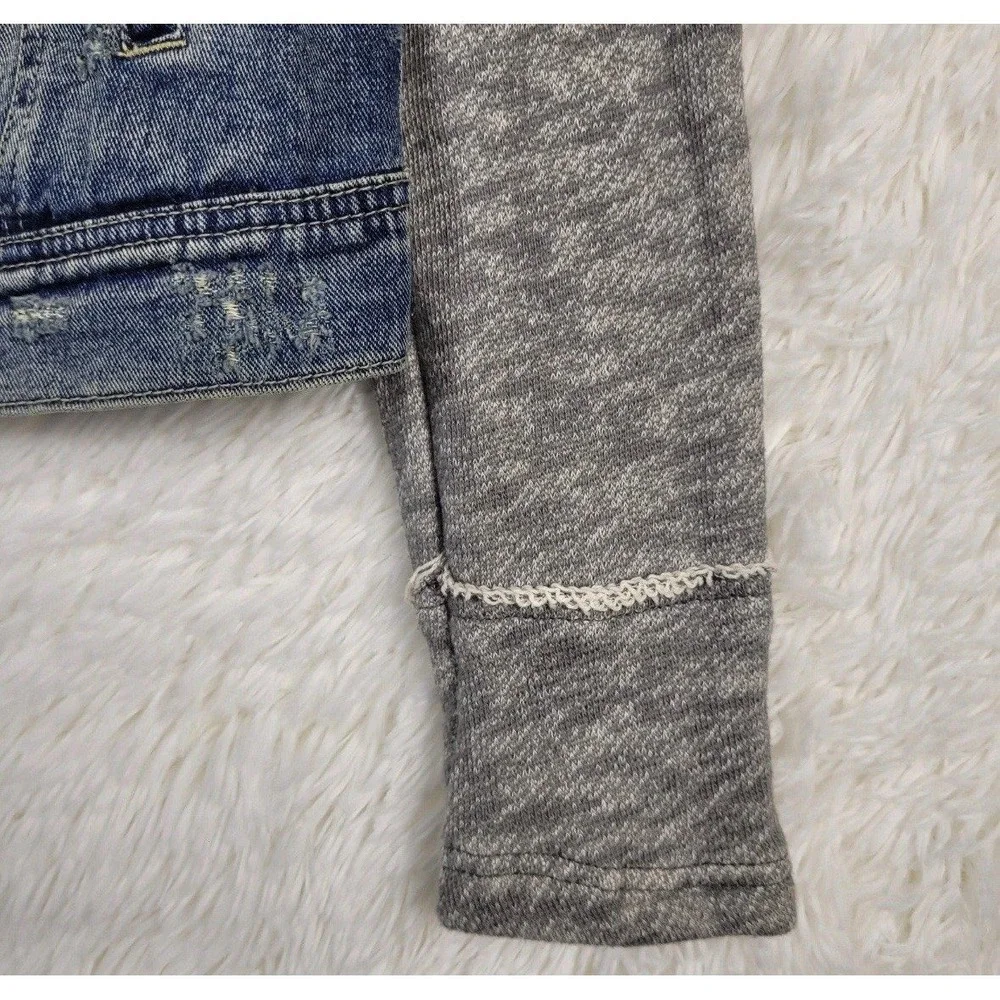 $168 We The Free People S/4 Small Denim Jean Hoodie Trucker Jacket Button Up EUC - Picture 4 of 7